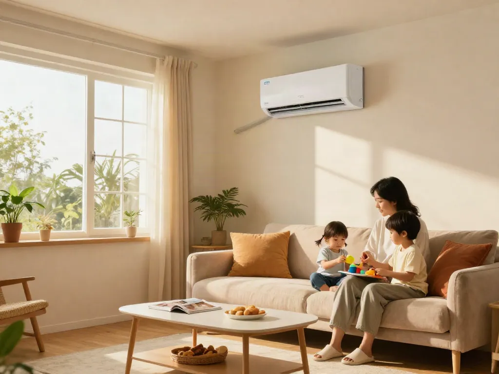 Elegant living room with a mini split air conditioner providing comfort during warm weather.