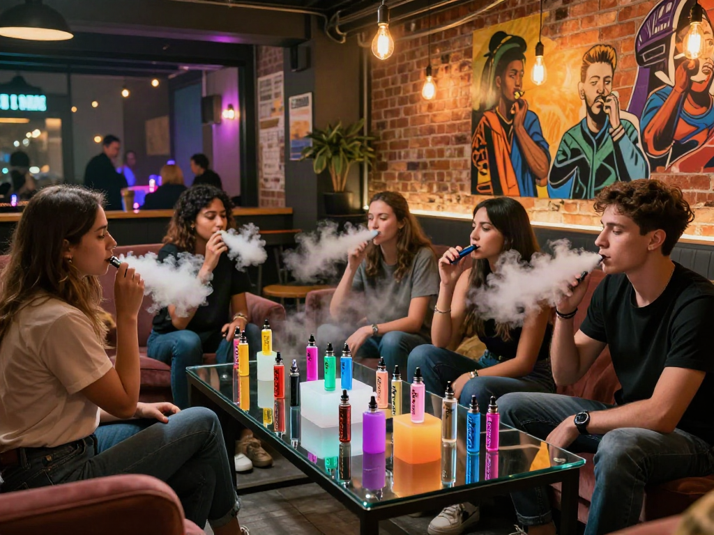 Social gathering in a chic lounge with friends enjoying raz vape products in a stylish urban setting.