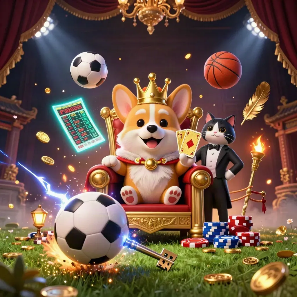 Royal corgi and cat butler amid football, casino coins, and glowing sports-casino effects.