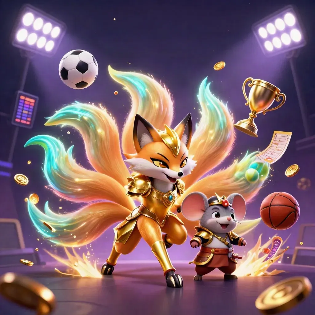 Nine-tailed fox spirit and armored mouse amid flying sports balls, coins, and neon casino light.