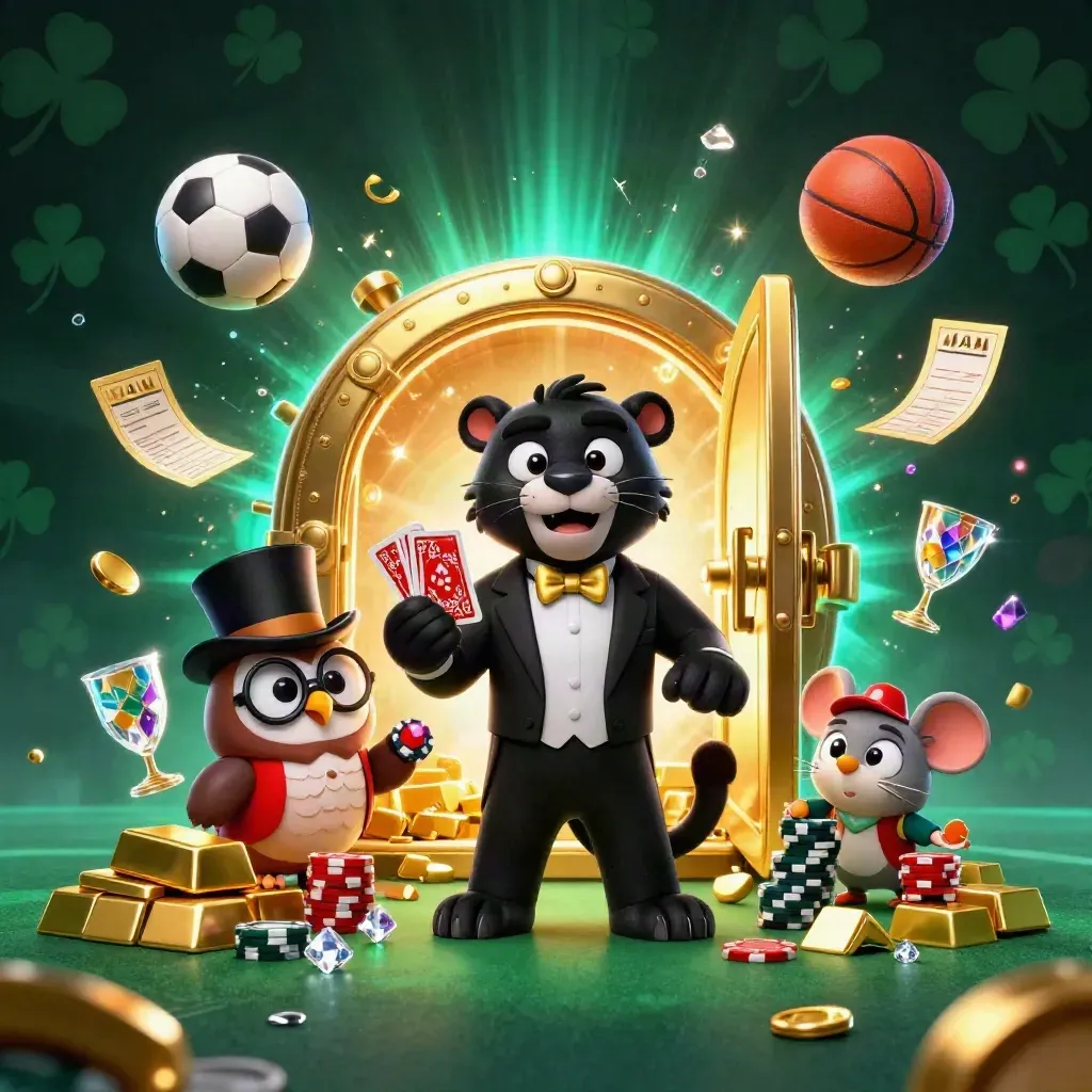 Panther, owl, and mouse amid vault gold, sports balls, chips, and emerald casino glow