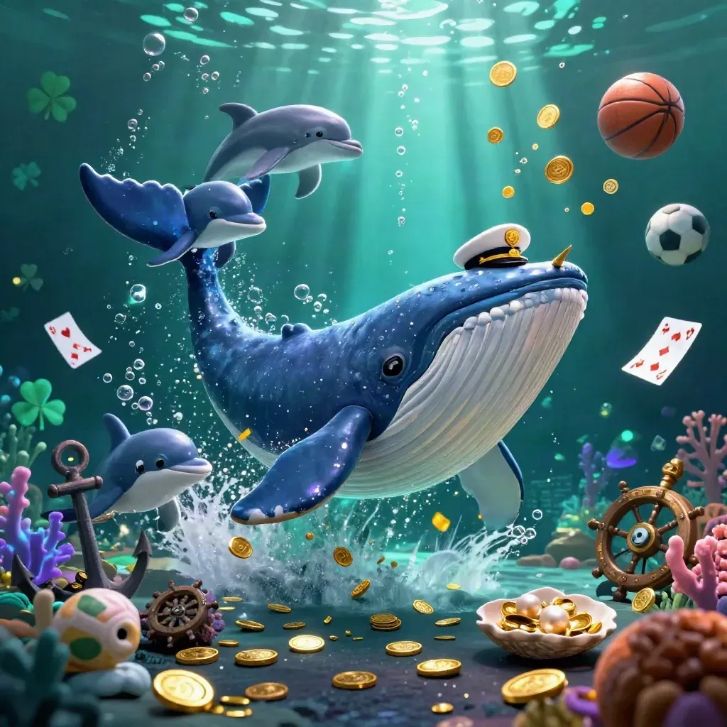 Captain whale, narwhal, and dolphins burst through coin-lit underwater treasure in casino glow.