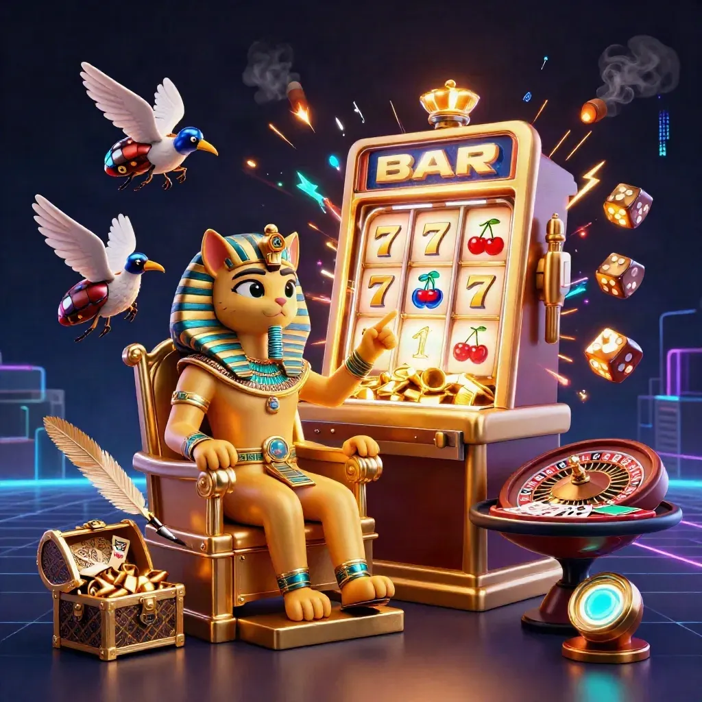 Pharaoh cat, ibis scribe, and gem-wing scarabs amid casino magic, gold, and neon lights.