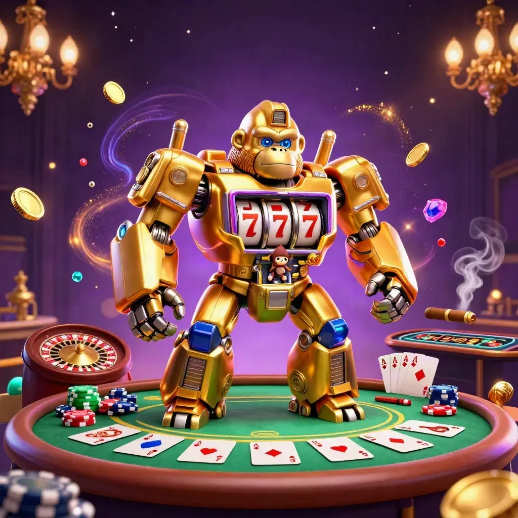 Golden gorilla slot mech with monkey pilot amid poker, roulette and casino glow