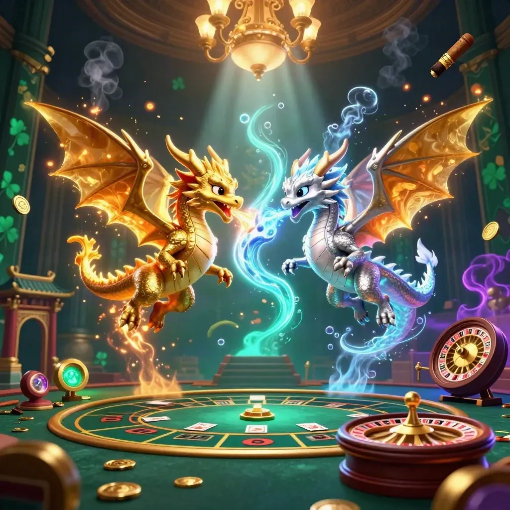 Twin gold and silver dragons in a casino fantasy scene with glowing cards, coins, and neon effects.