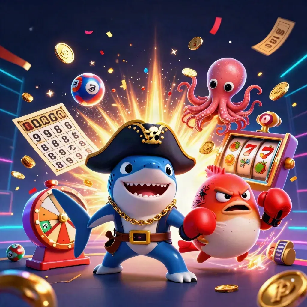 Pirate shark, boxing pufferfish, and juggling octopus amid neon casino bursts and treasure