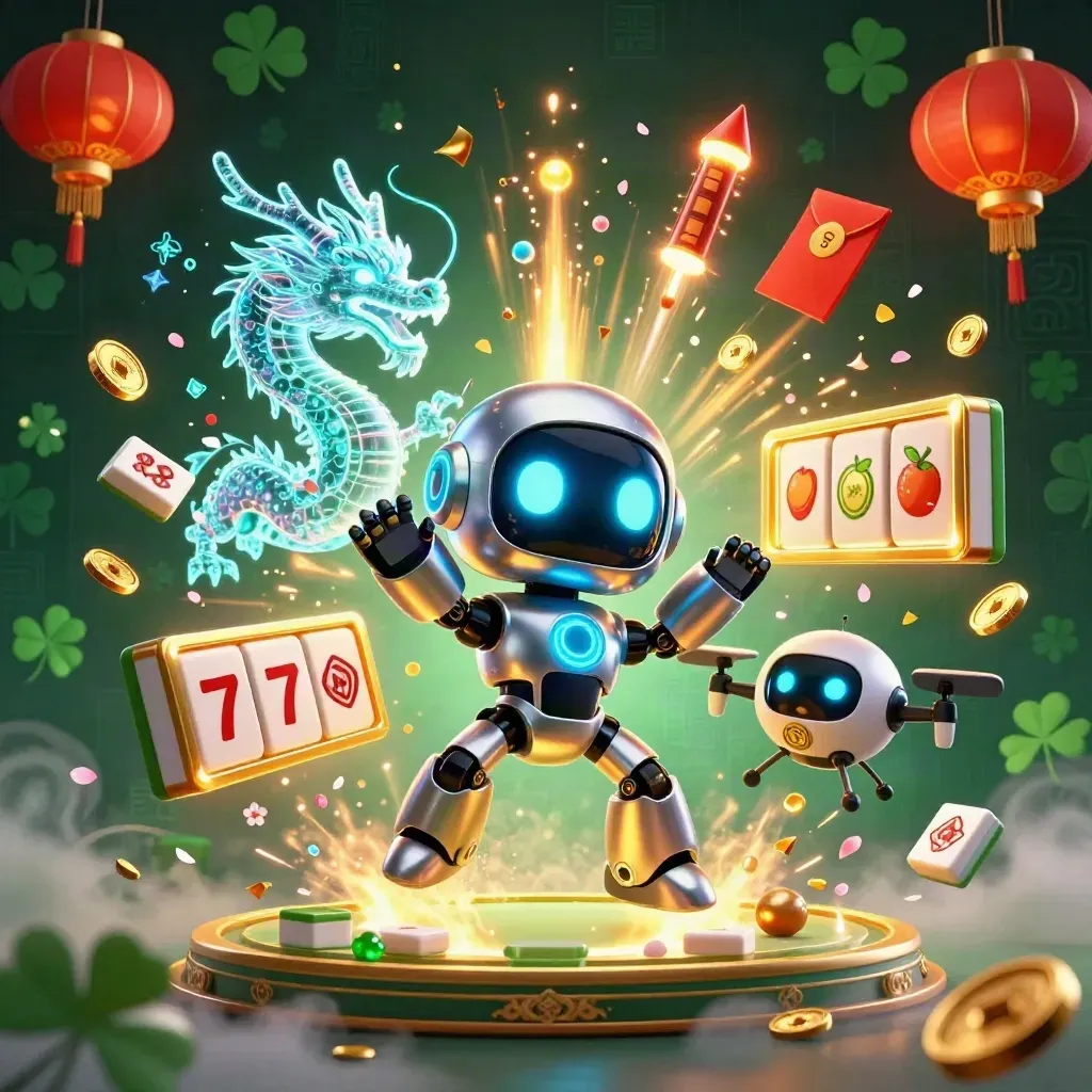 Cyberpunk robot, holographic dragon and coin drone amid casino treasures and glowing jade coins.