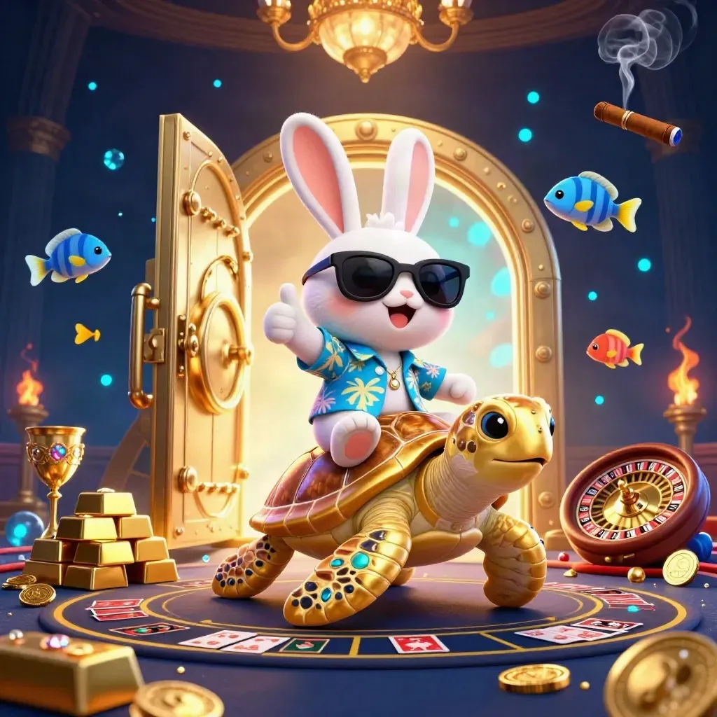 Lucky rabbit on a golden sea turtle in a glowing casino vault with treasure and roulette
