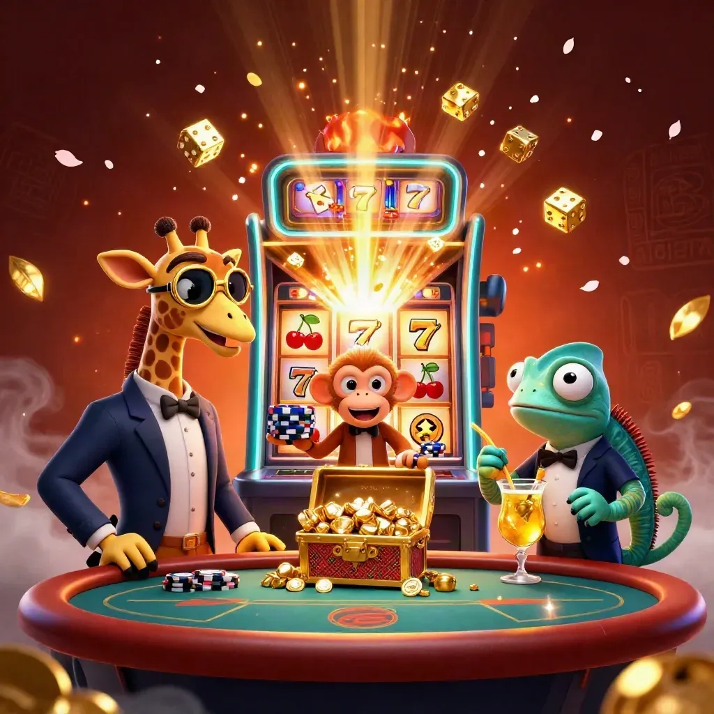 Giraffe high roller, monkey valet, and chameleon bartender amid exploding casino gold art.