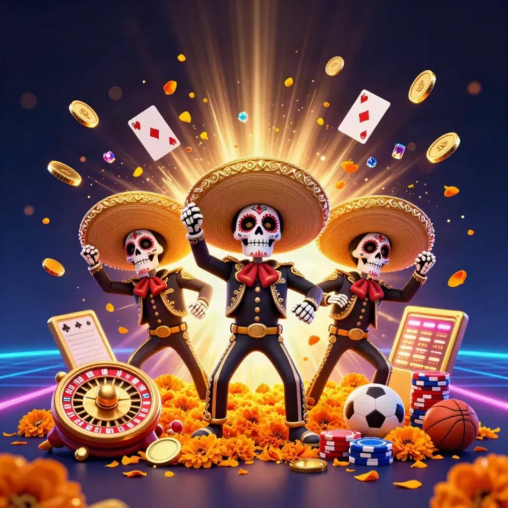 Skeleton mariachi trio amid coins, roulette wheel, chips, sports props, and neon casino glow.