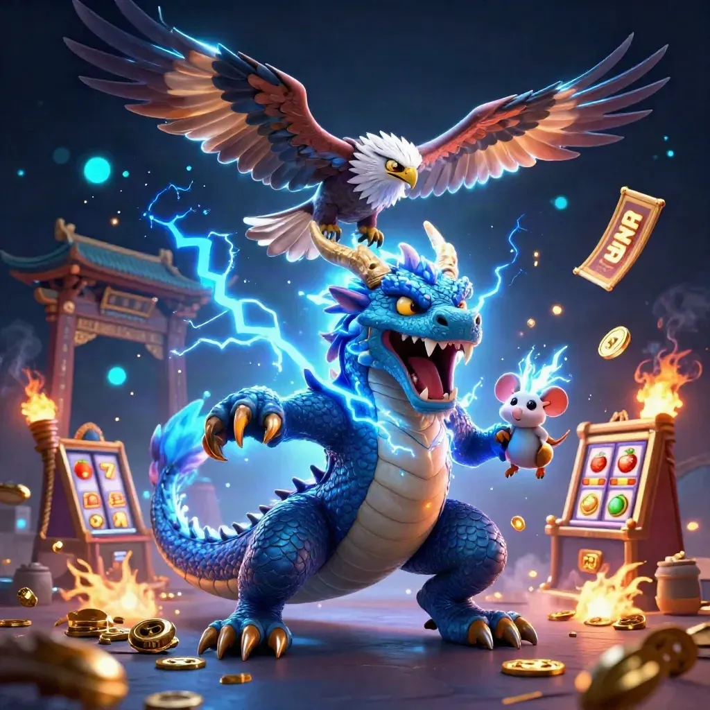 Thunder dragon, wind hawk, and crackling mouse in a neon casino fantasy scene.