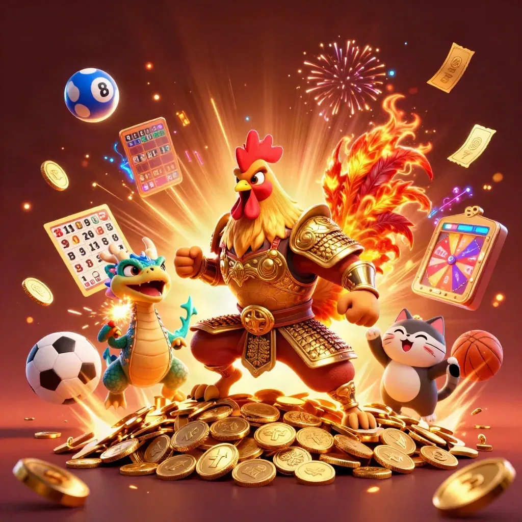 Rooster warrior, dragon hatchling, and fortune-cat amid coins, fireworks, and casino glow.