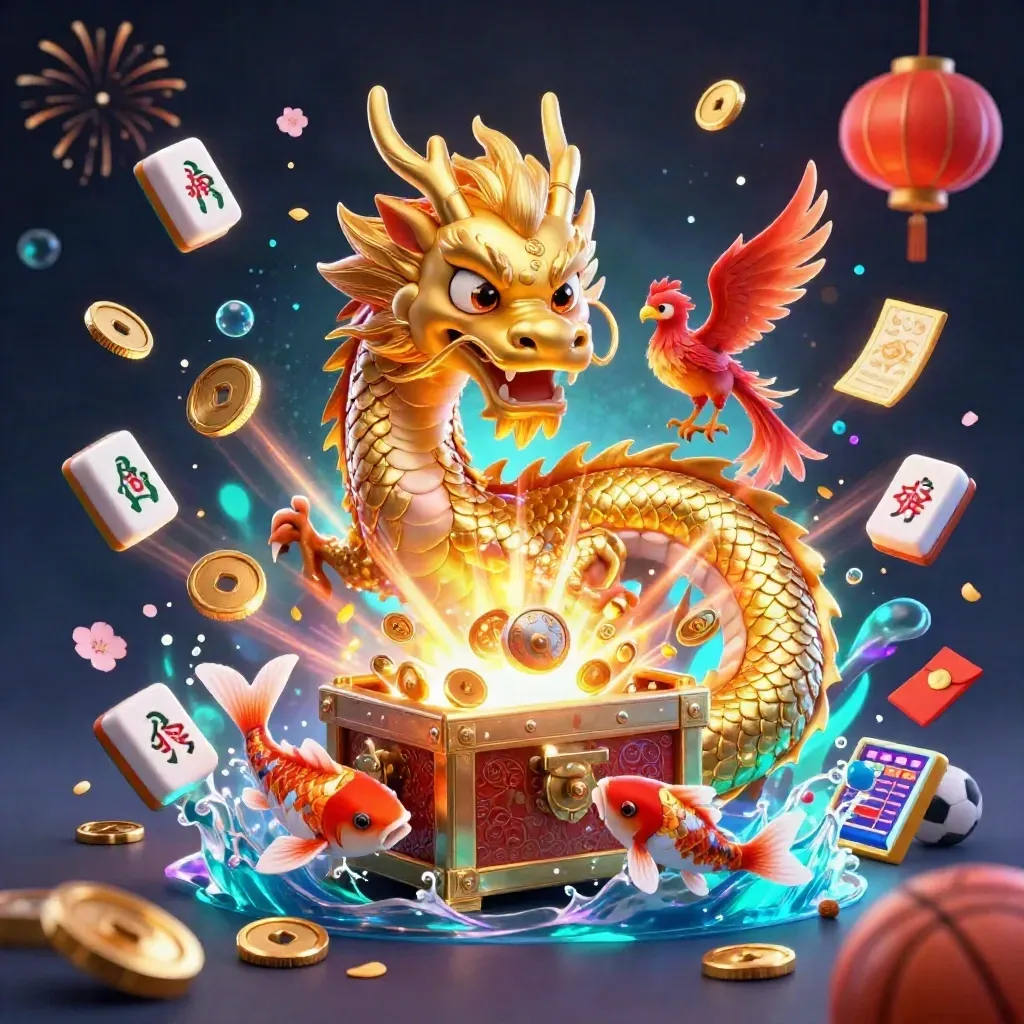 Dragon, phoenix and koi surge amid gold coins, lanterns and casino symbols in neon glow.