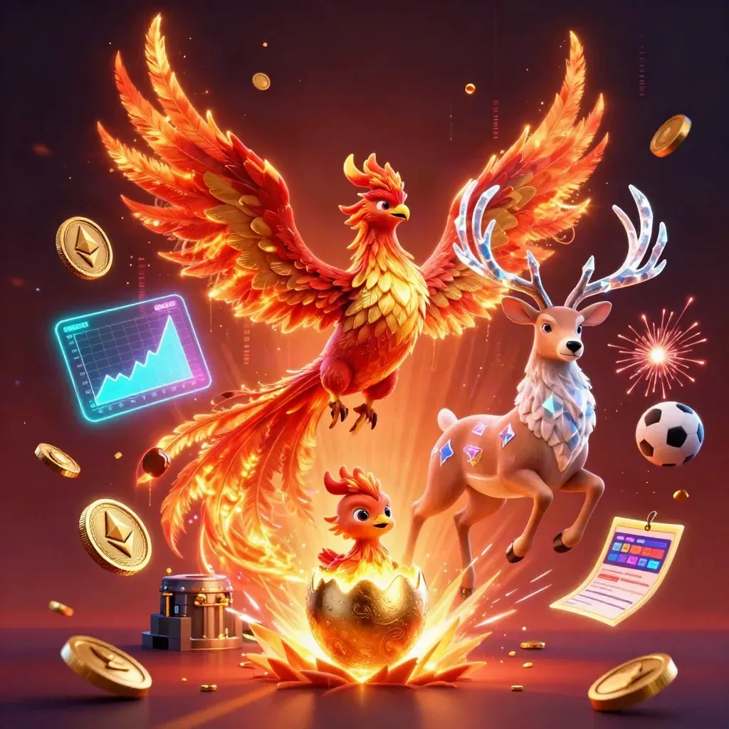 Phoenix trio and crystal stag amid casino coins, crypto, neon bolts, and sports betting energy.