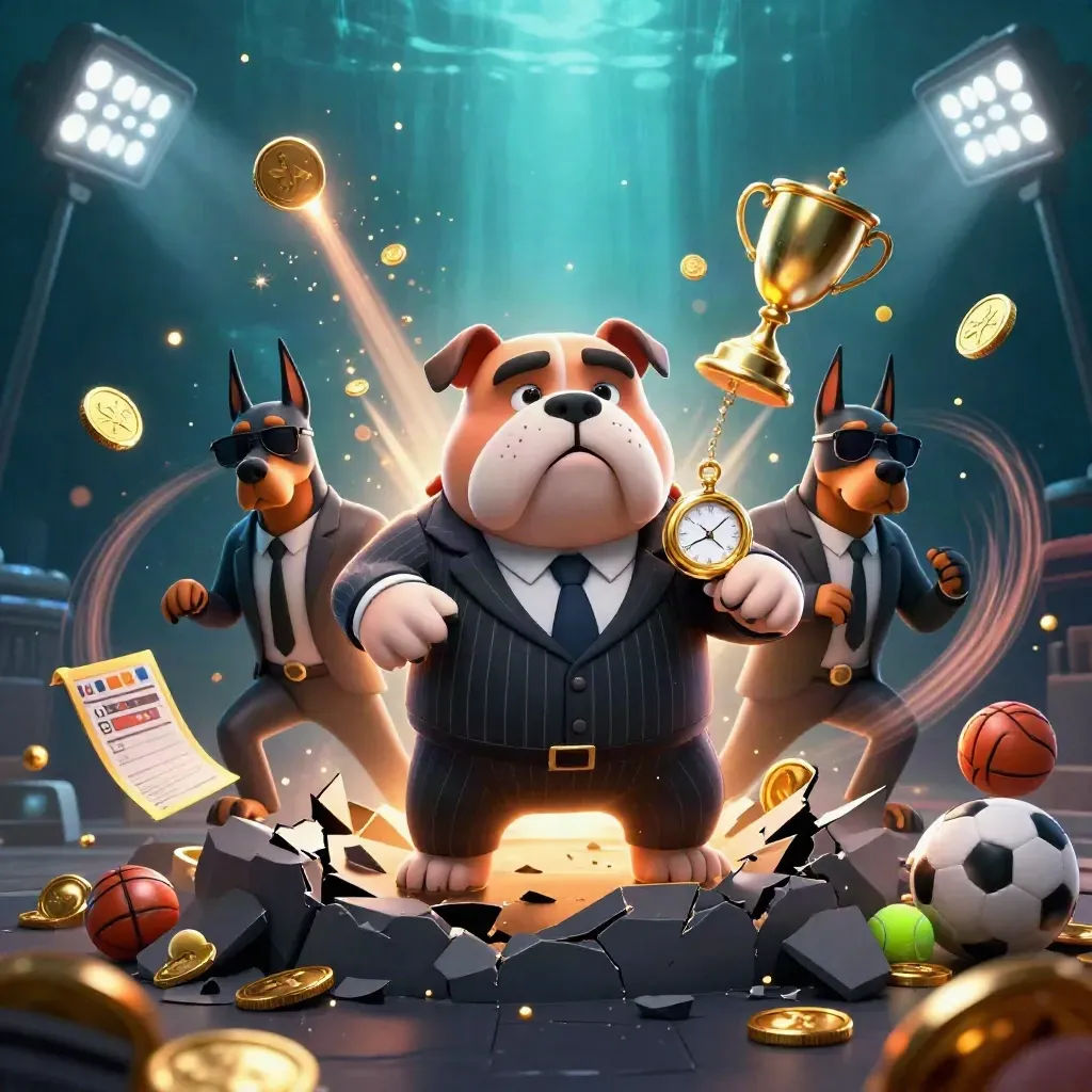 Bulldog boss and two bodyguards amid coins, balls, trophy, and casino glow.