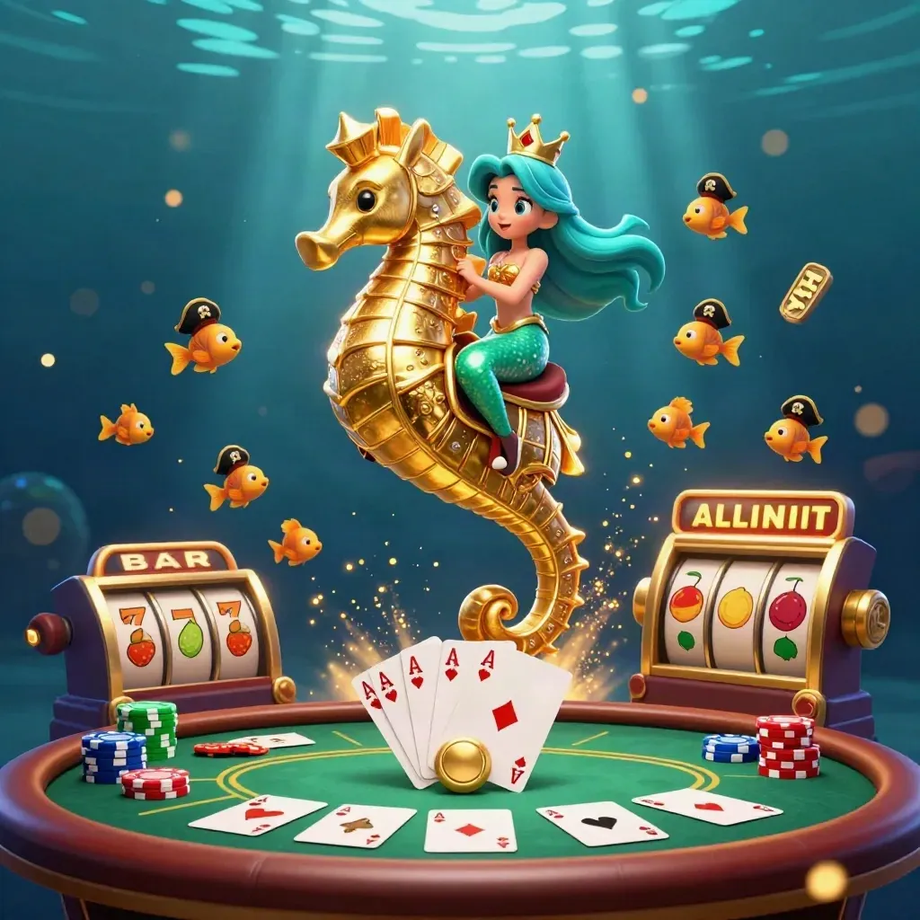 Mermaid princess on a golden seahorse amid cards, chips, reels, and glowing underwater casino effects