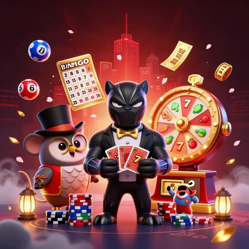 Panther, owl, and mouse in a flashy casino scene with reels, chips, and glowing gold effects.