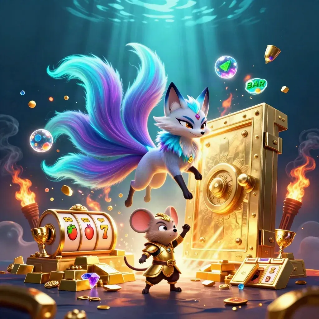 Neon nine-tailed fox spirit and armored mouse burst from a golden vault in a casino glow