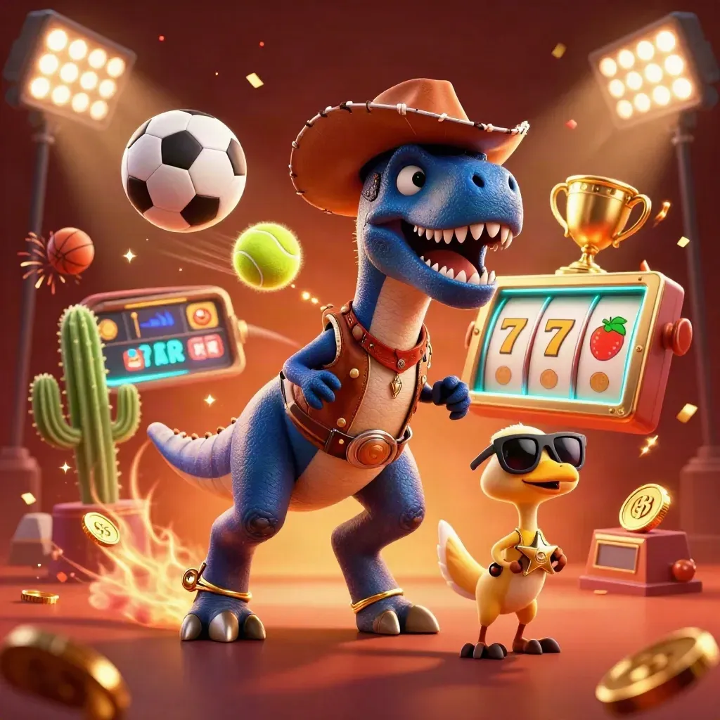 Cowboy T-Rex, cactus, and roadrunner amid casino sparks, coins, and sports gear