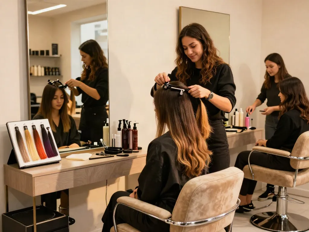 Client receiving hair extensions application in a chic salon, showcasing vibrant colors and salon atmosphere.